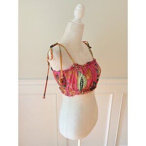 Farm Rio Pink Floral Stretch Crop Top w Beaded Tie Straps M
